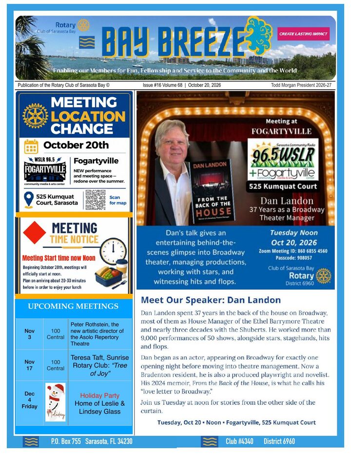 Bay Breeze cover, October 20, 2026: Dan Landon, Broadway theater manager, meeting at Fogartyville